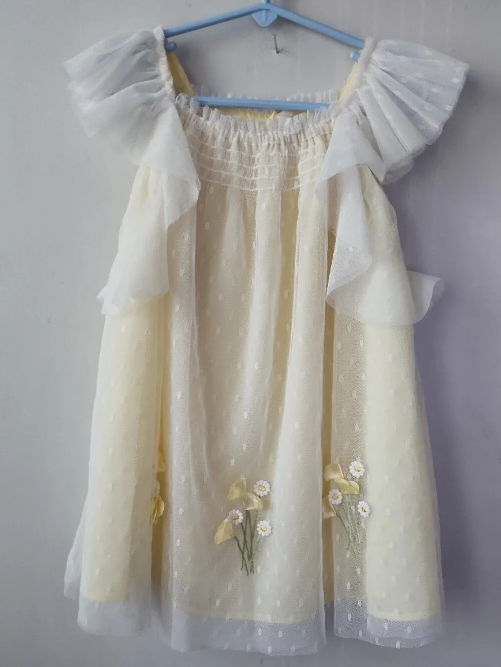 Biscotti Pale Yellow and White Floral Tulle Dress. New Without Tag